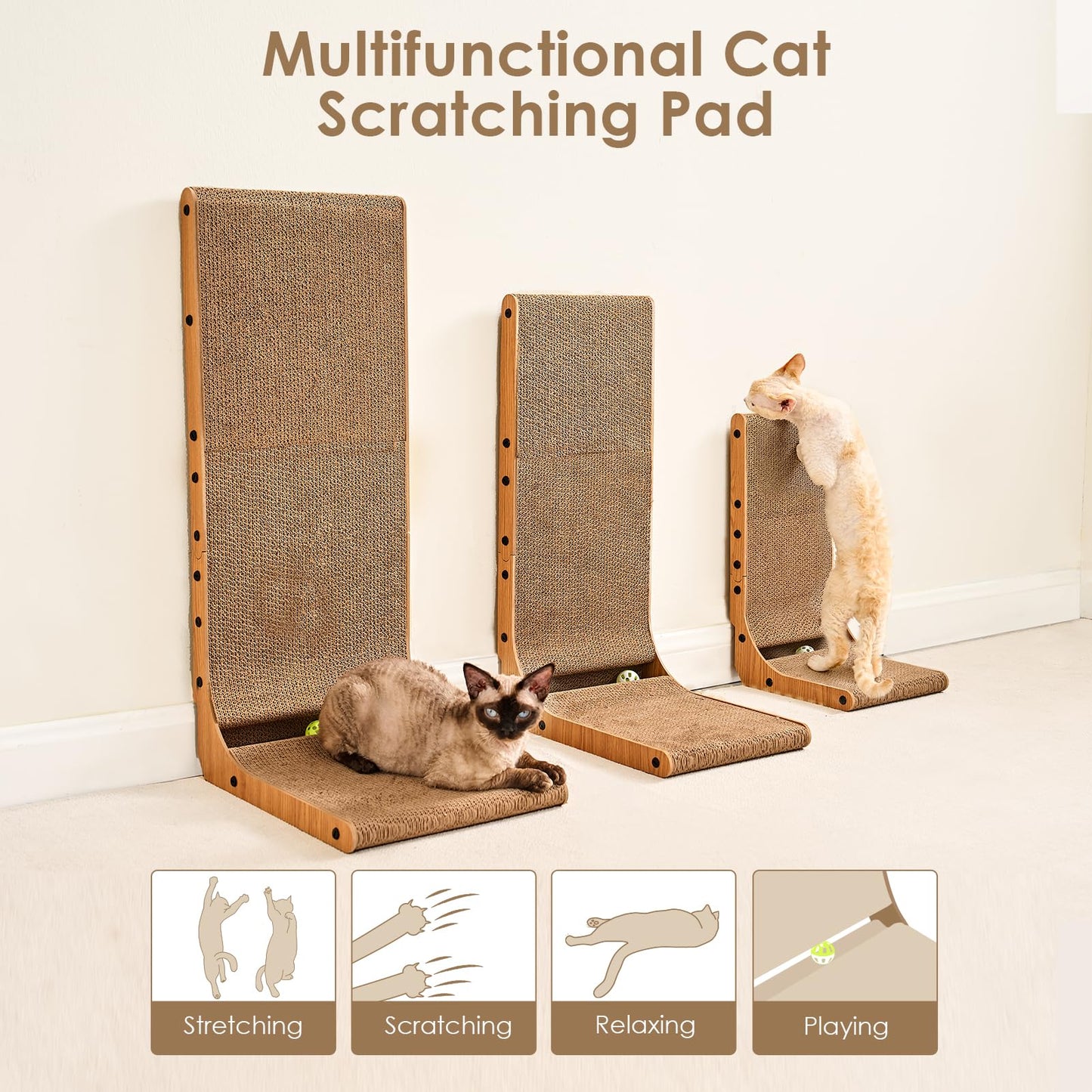 EHEYCIGA L-Shaped Cat Scratcher with Ball Toy – Brown